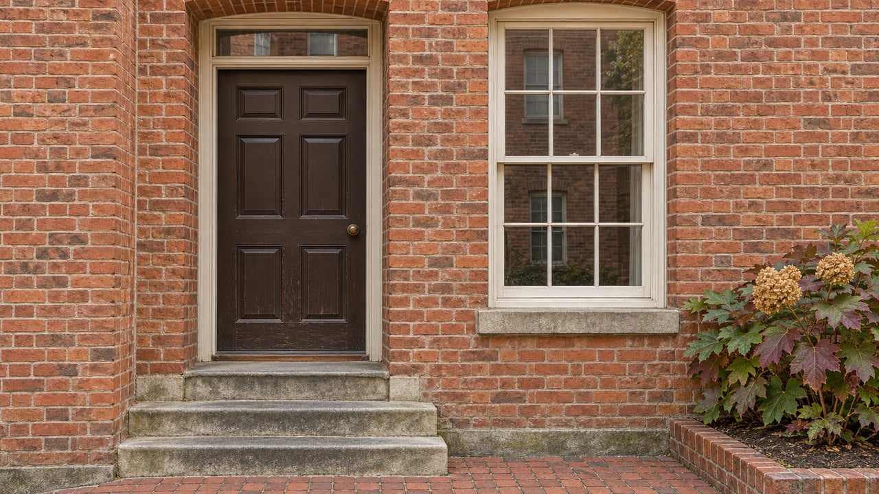 Close view of an aged red-brick home entrance with a dark timber door, cream sash window, limestone steps, and burgundy oakleaf hydrangea.