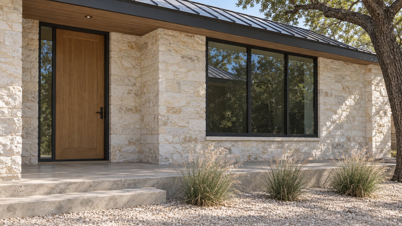 Limestone home entry with an oak door, black-framed window, concrete porch and ornamental grasses beside a mature oak.