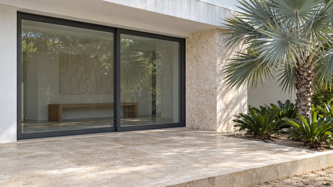 Sunlit limestone terrace beside closed sliding glass doors, a white roof fascia and a silver thatch palm in a raised-edge planting bed.