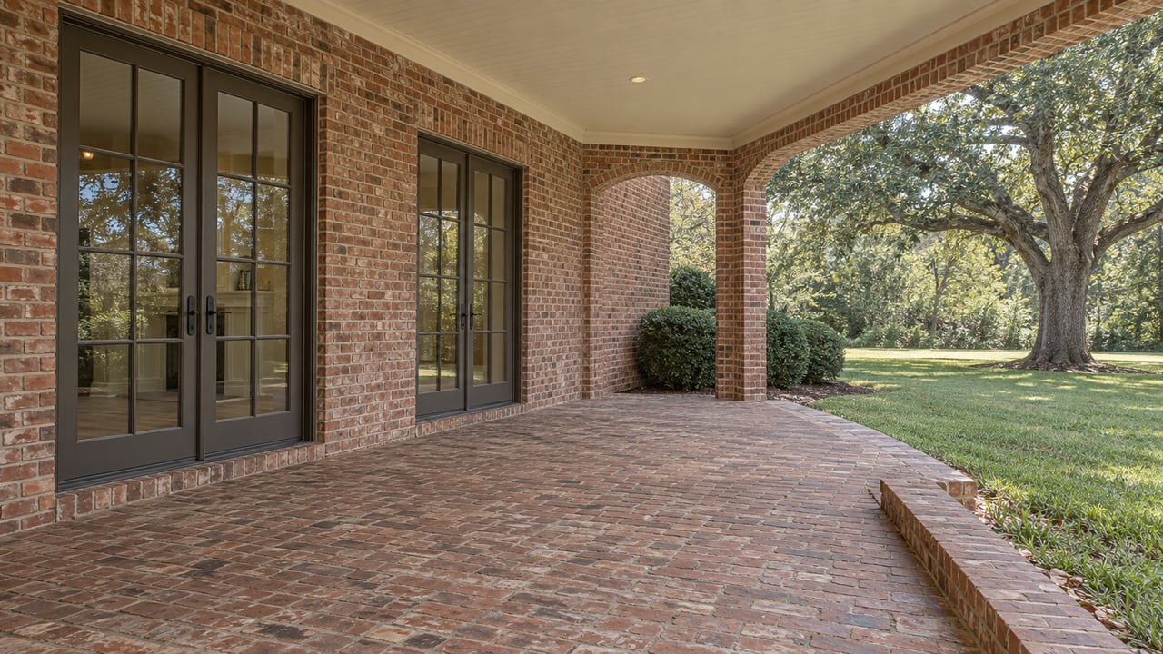 Brick rear terrace with two French door sets, opening onto a broad lawn and mature oak.