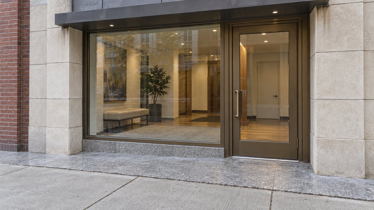 A bronze-framed condominium entrance and lobby window beneath a charcoal canopy, with limestone walls and a worn granite landing meeting the concrete sidewalk.