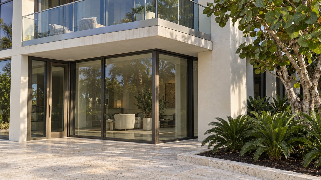 Sunlit condominium corner with bronze-framed glass, a concrete balcony, shell-limestone paving and carefully contained coastal planting.