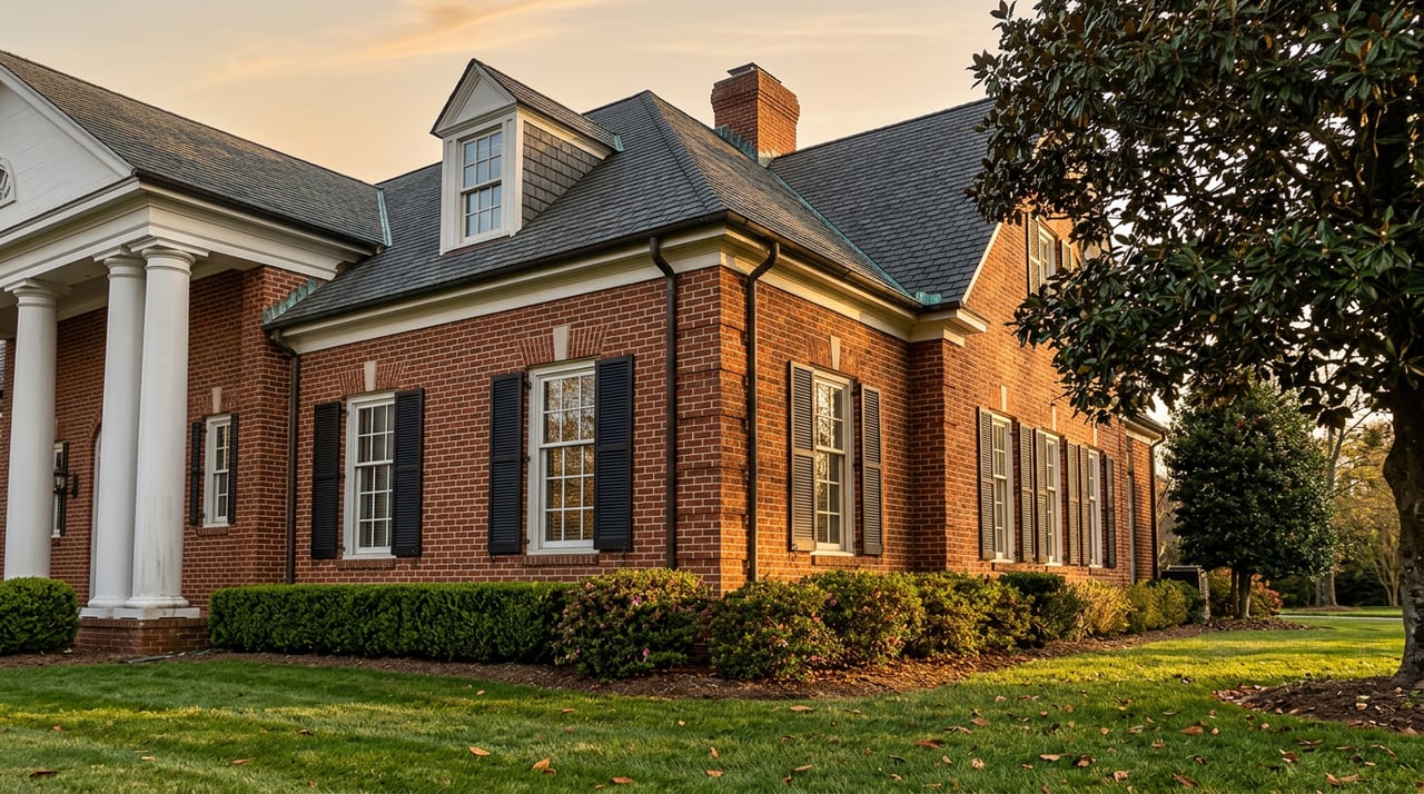 Brick Colonial home with white fluted columns, black shutters, dormer, and magnolia tree above a broad lawn.