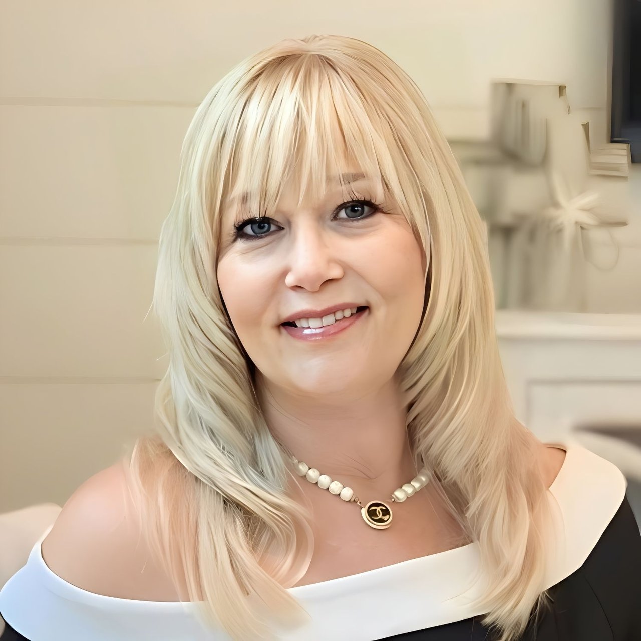 Lisa Hughley smiling in a pearl necklace and white-and-black top.