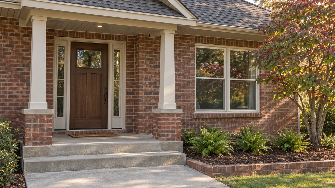 Warm brick home with a covered entry, walnut-stained door, paired sidelights and a dogwood beside the front window.