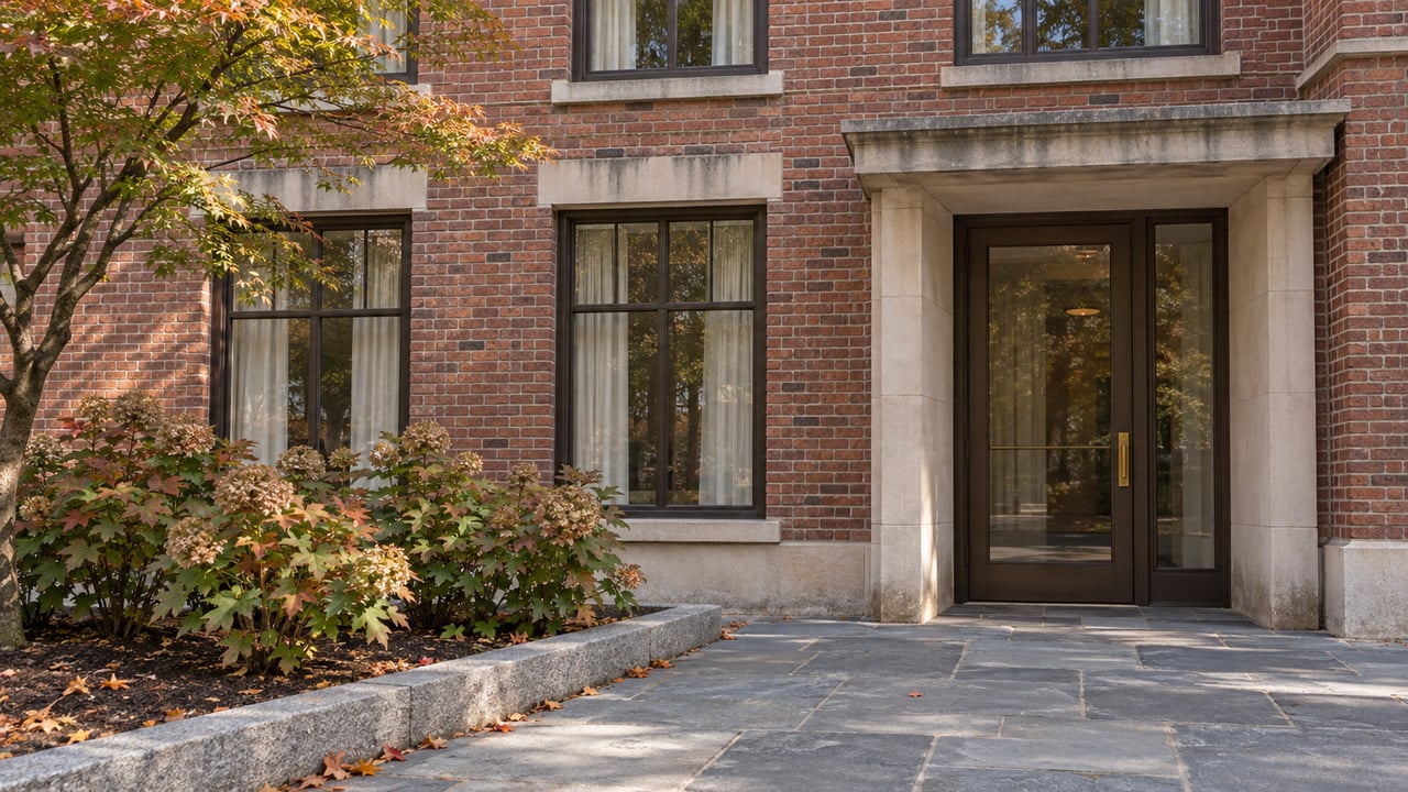 Brick residential entrance with bronze-framed windows, limestone trim, bluestone paving and copper-turning Japanese maple leaves.