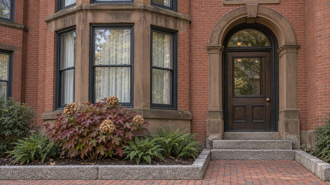 Red-brick home with a sandstone arched entry, dark sash bay windows, granite steps, and burgundy oakleaf hydrangea.