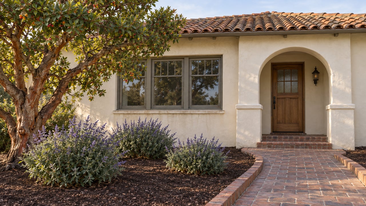 Cream stucco home with a clay tile roof, arched entry and brick garden walk beside a mature strawberry tree and Cleveland sage.