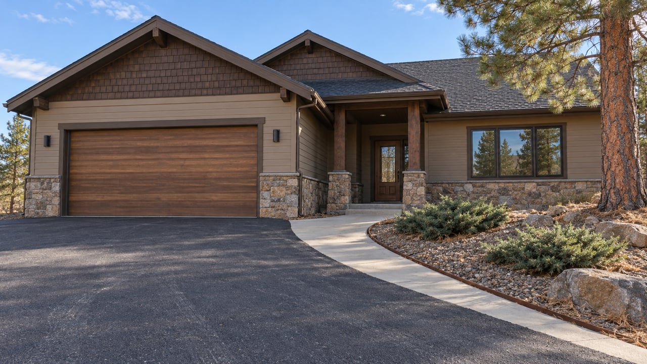 Gabled wood-sided home with stone porch bases, a broad driveway, and a mature ponderosa pine in clear autumn light.