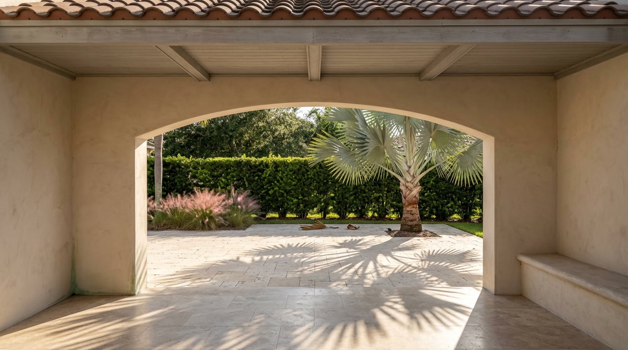 Arched loggia frames a sunlit terrace with a silver-blue fan palm, clipped hedge, and long shadows.