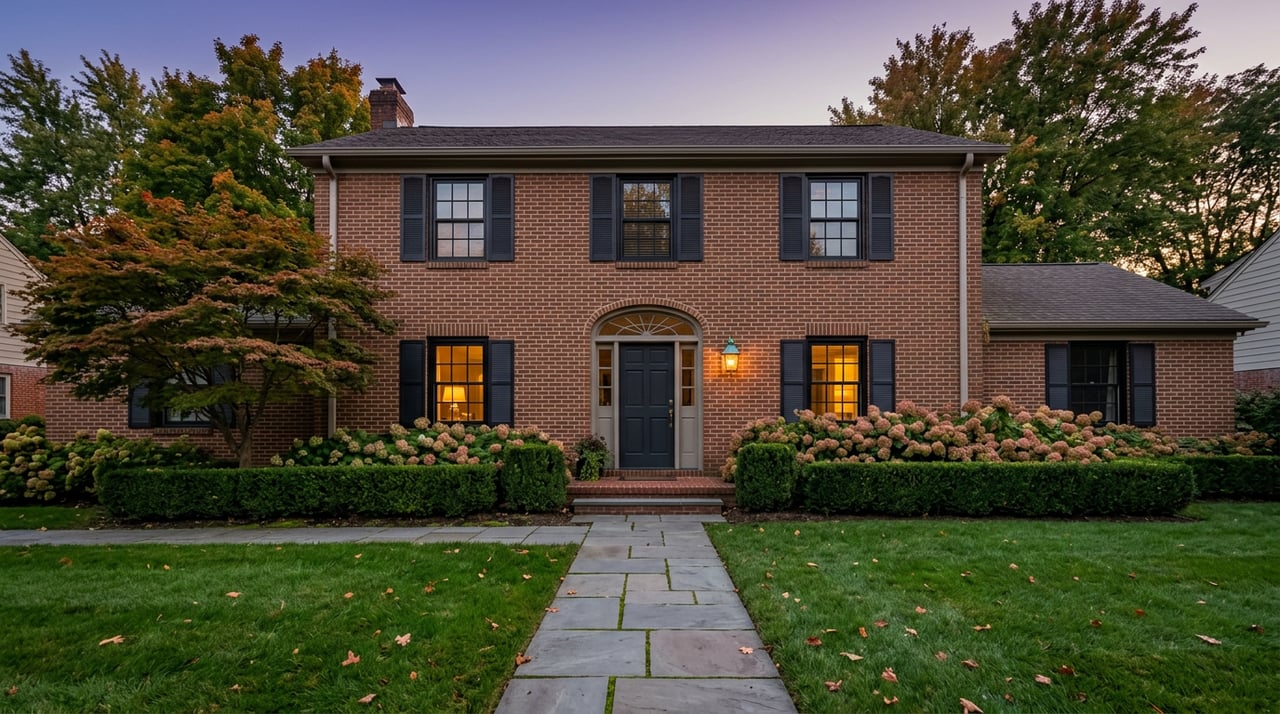 Brick residence with an arched entry, glowing windows, and a bluestone walkway beneath autumn trees at dusk.