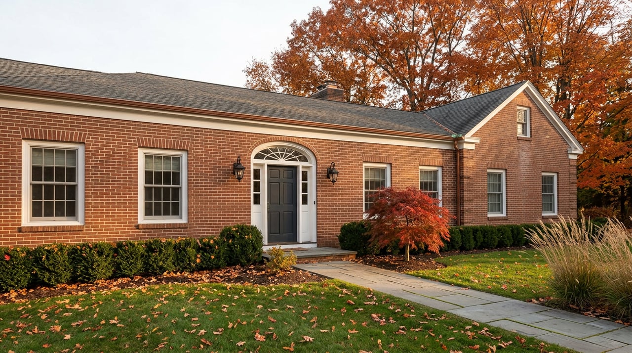Brick home with arched entry, dark door, orange-red maples, and a bluestone walkway.