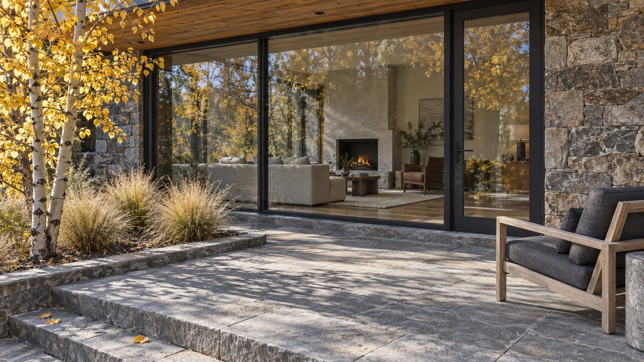 Autumn sunlight crosses a quartzite terrace beside a timber-and-stone home with tall glass doors, a teak chair and golden aspen foliage.