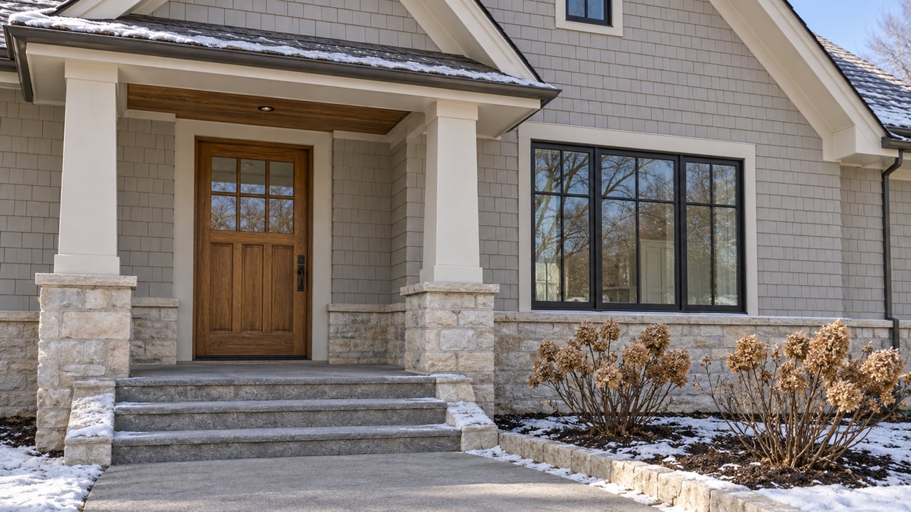 Winter sunlight on a shingled home's oak entry, limestone steps, and dried hydrangea flowers beside a cleared walk.