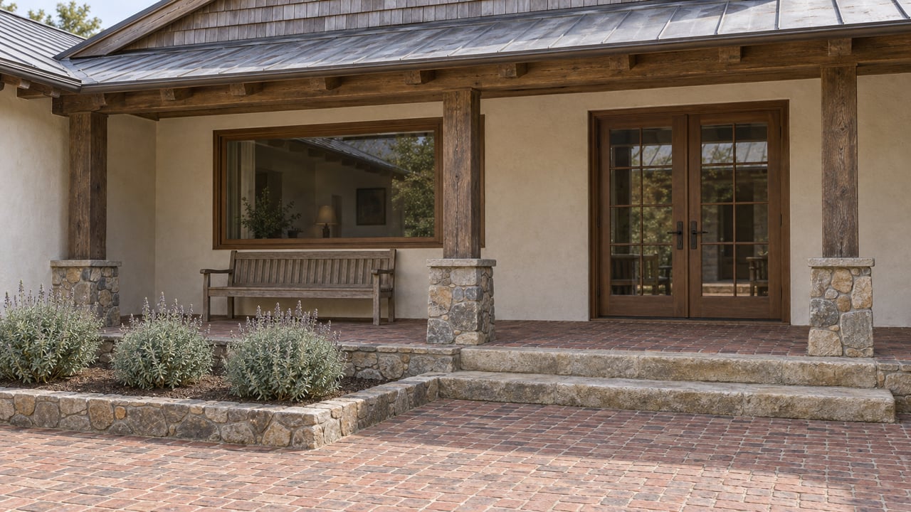 Weathered shingle house with a covered brick veranda, glazed wooden doors, broad stone steps and three silver-green sage shrubs beside the courtyard.