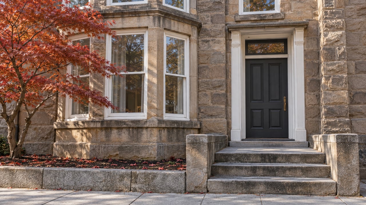 Autumn light on a sandstone townhouse bay and recessed charcoal door, with worn granite steps and one rust-red Japanese maple.