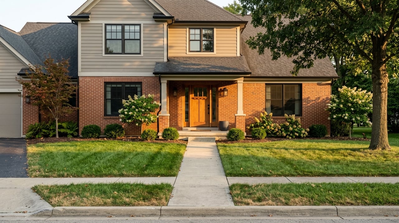 Traditional two-story brick-and-siding house behind a deep lawn and mature trees in warm late-day light.