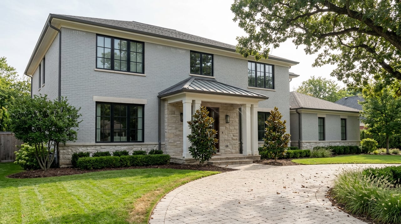 Two-story gray brick home with a covered entry, curved paver driveway, manicured lawn, and mature oak canopy.