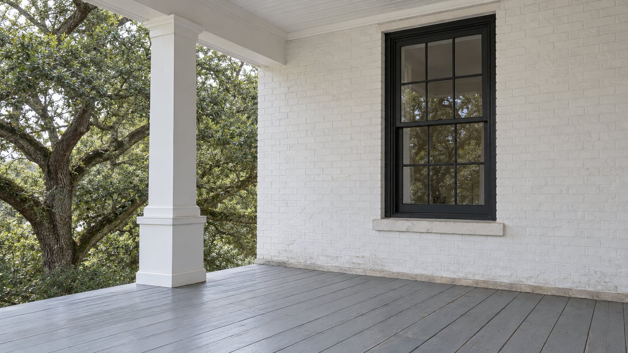 A covered porch with white painted brick, a black-paned window, weathered gray floorboards and a mature live oak beyond a white column.