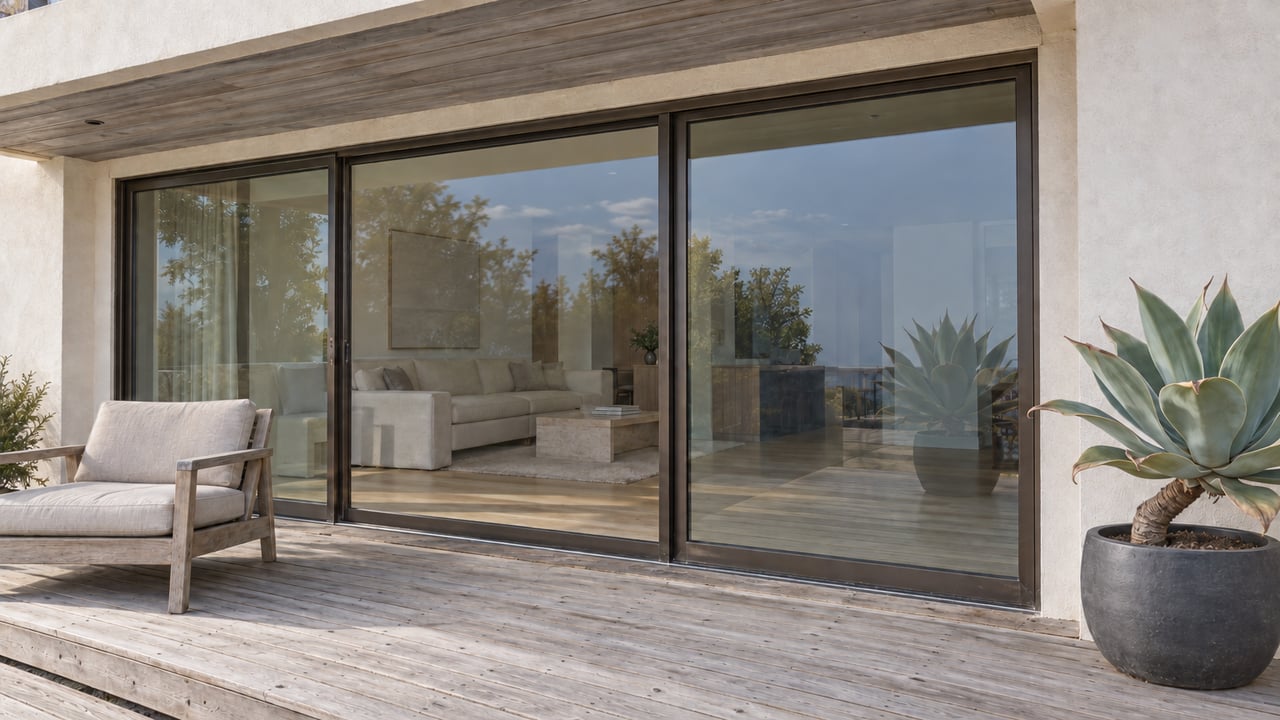 Weathered teak terrace beside a fully closed bronze-framed glass wall, with a linen-cushioned chair and potted agave.