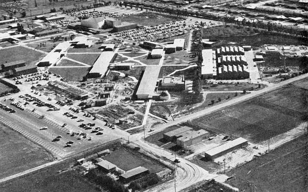 Historic aerial view of Orange Coast College in Costa Mesa, circa 1960s