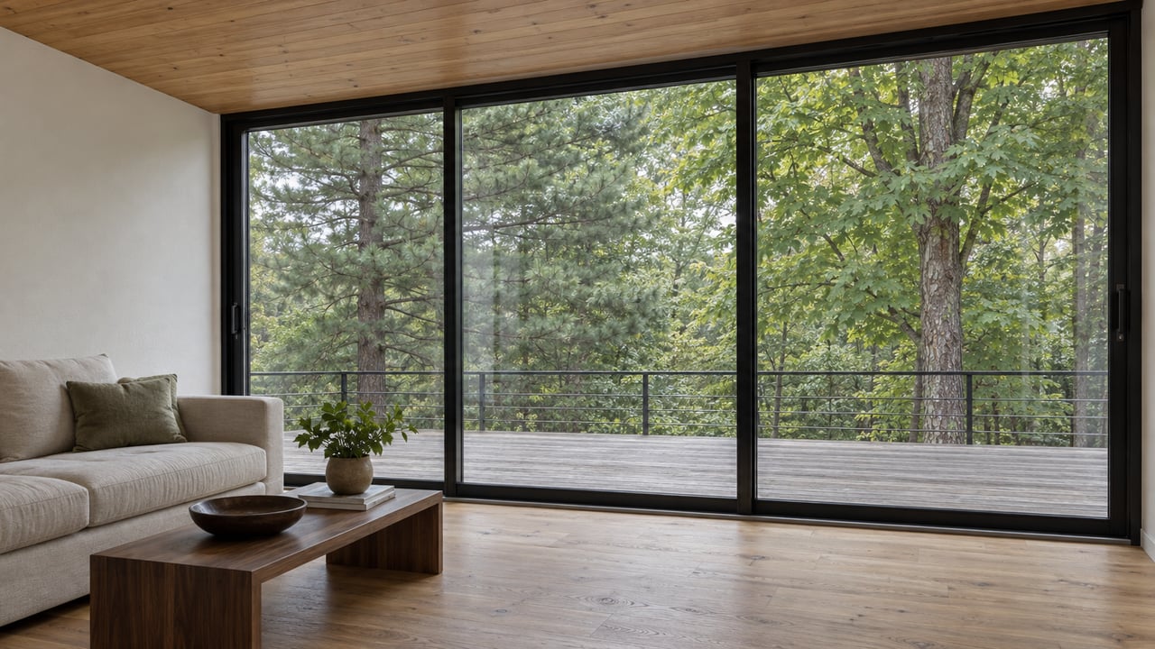 Living room with pale sofa facing a glass wall, wooded deck, pine, and maple trees.