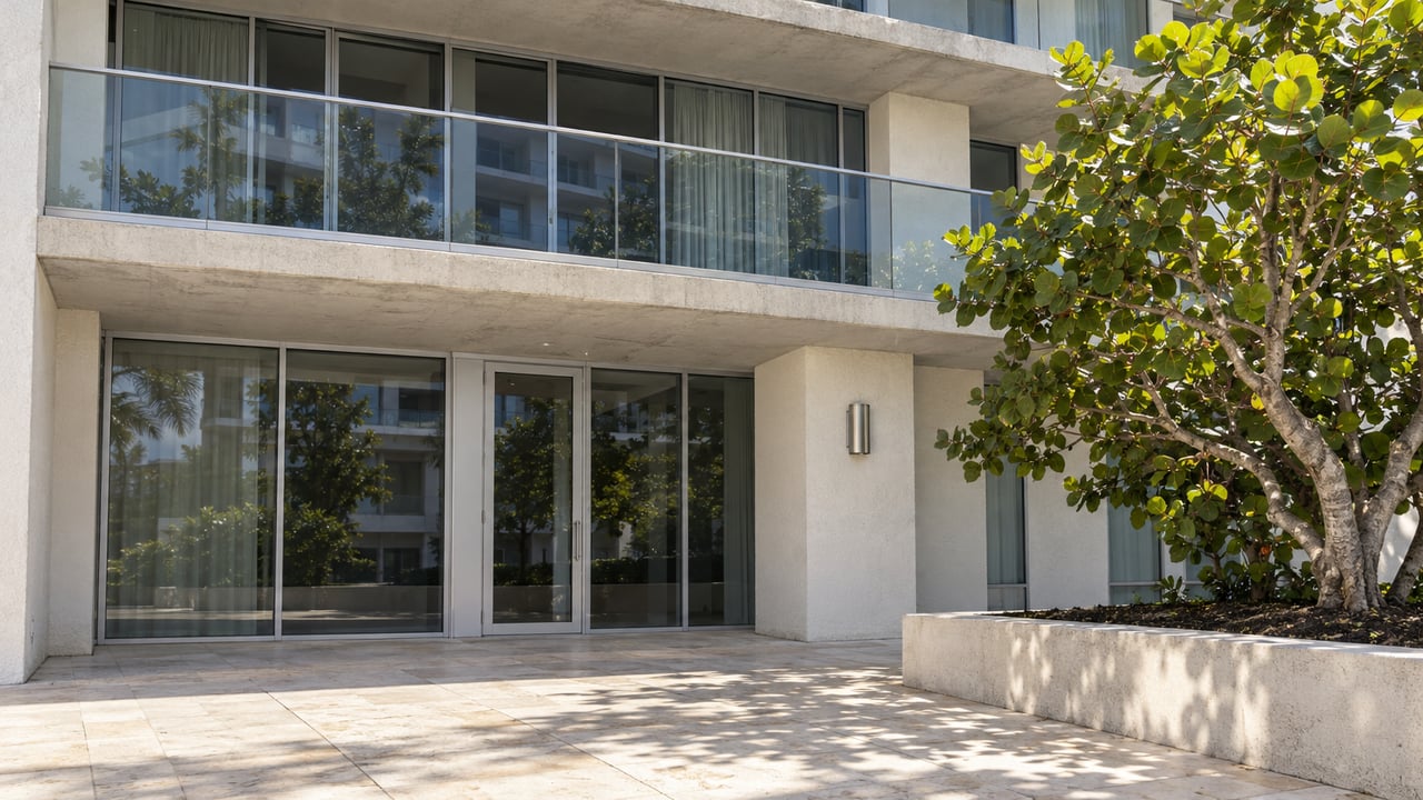 Close exterior of a pale stucco condominium with glass balconies, a glazed entrance, limestone paving and a sea grape tree in a raised planter.