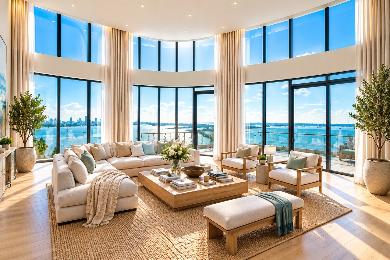 Furnished living room with floor-to-ceiling windows overlooking the water and distant city skyline.