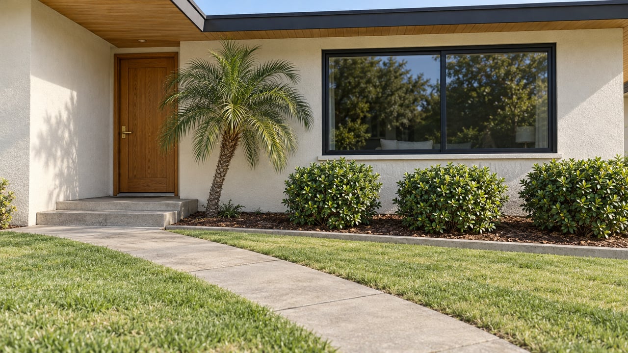 Updated single-story home with white stucco, a wood front door, broad front lawn and a concrete entry walk in clear sunlight.