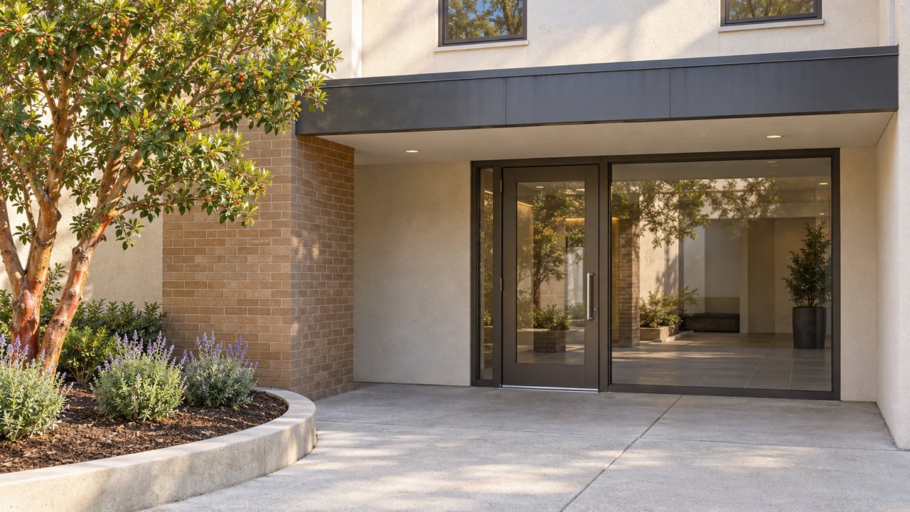 Updated care-campus entrance with ivory stucco, buff brick, bronze-framed glazing and a planted courtyard.
