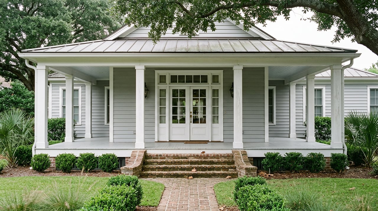 Raised veranda with white columns, gray siding, brick steps, and French doors beneath oak canopy.