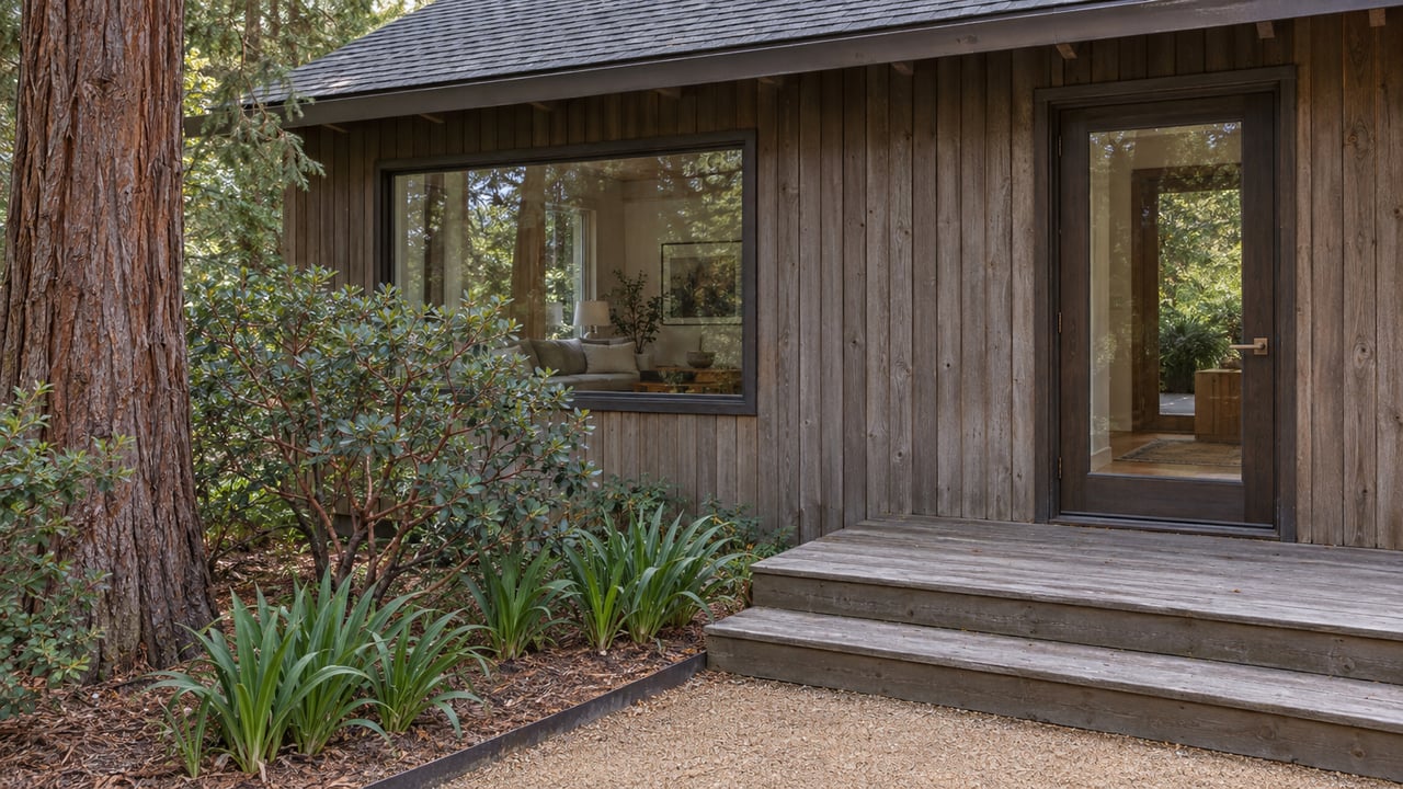 Weathered cedar home entrance with a glazed timber door, broad window, low wooden steps and carefully planted woodland garden.