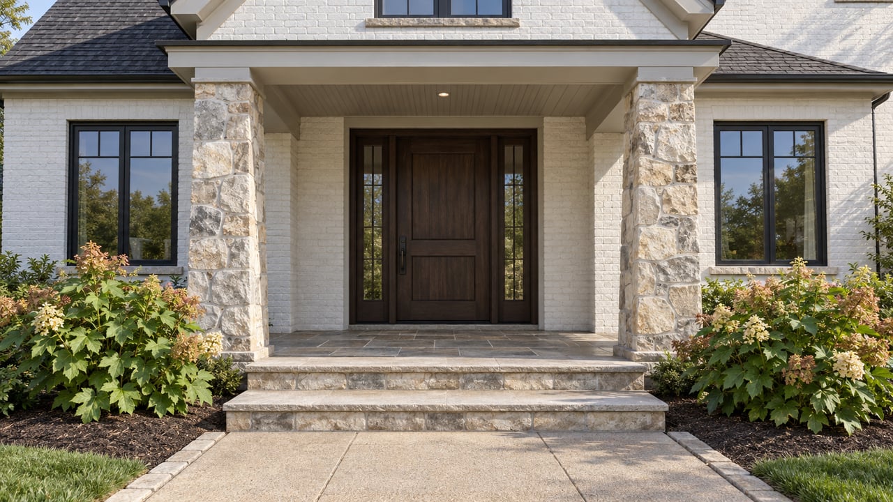 White-painted brick home entrance with paired stone porch piers, dark oak door, black-framed windows and oakleaf hydrangeas.