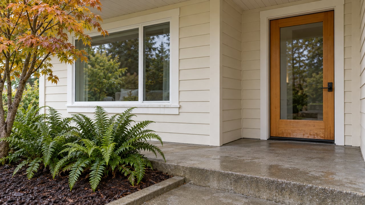 Rain-softened covered entry with ivory wood siding, a honey-toned glazed door, concrete steps, sword ferns and autumn vine maple leaves.
