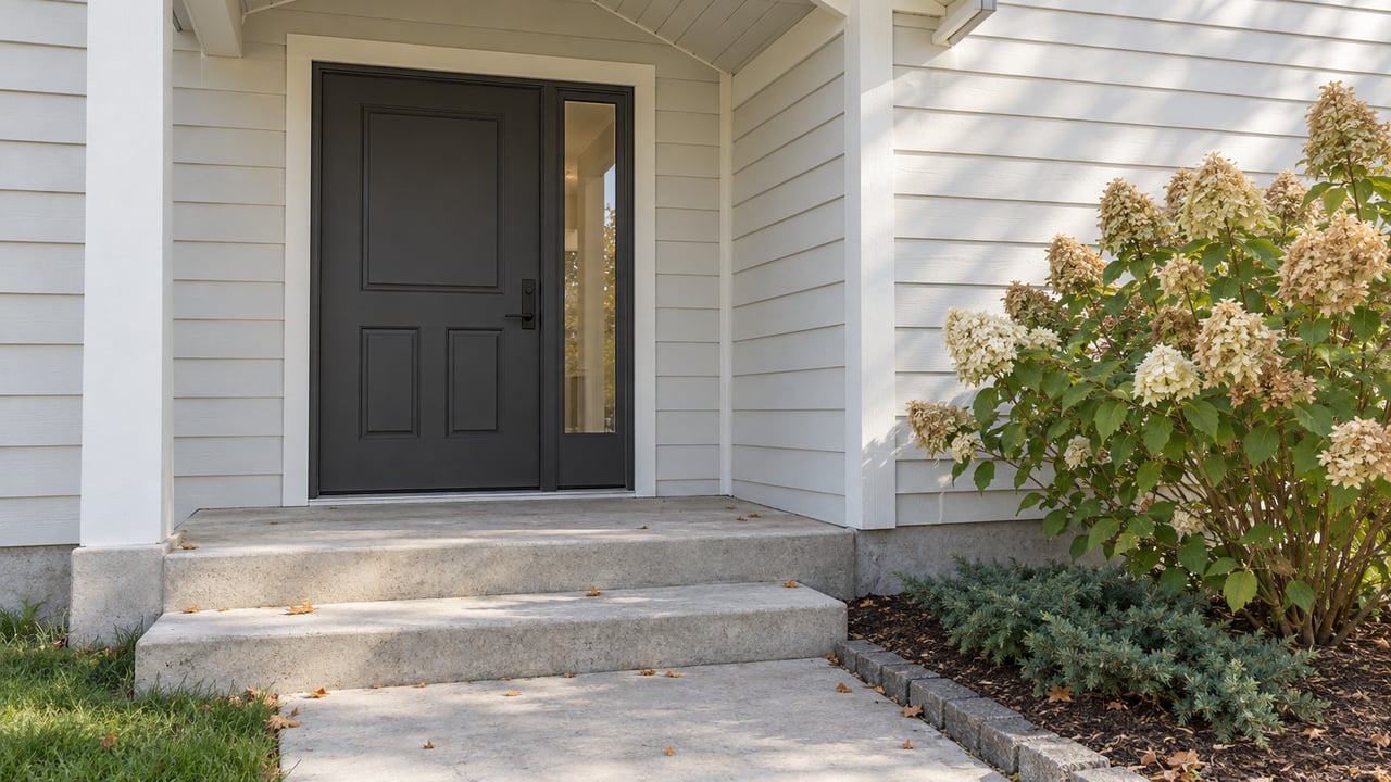A charcoal front door with a narrow sidelight above concrete steps, beside a hydrangea with tan-tinged flowers.