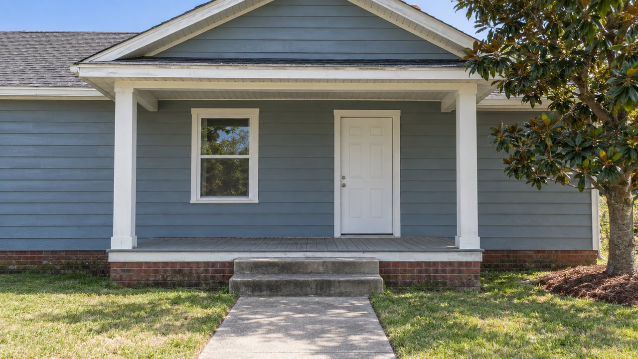 Blue-gray single-story home's covered porch, white trim and concrete steps beside a lightly maintained lawn in clear daylight.