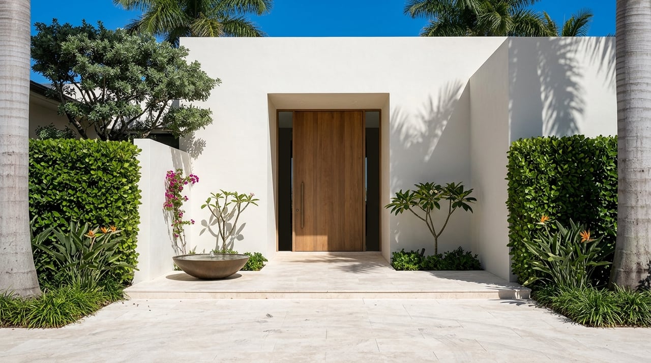 A contemporary estate’s arrival court bordered by tall privacy hedges.