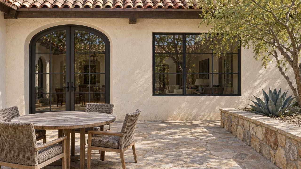 Sunlit stucco courtyard with a tiled roof, closed arched glass doors, teak dining furniture and a stone-bordered desert planting bed.
