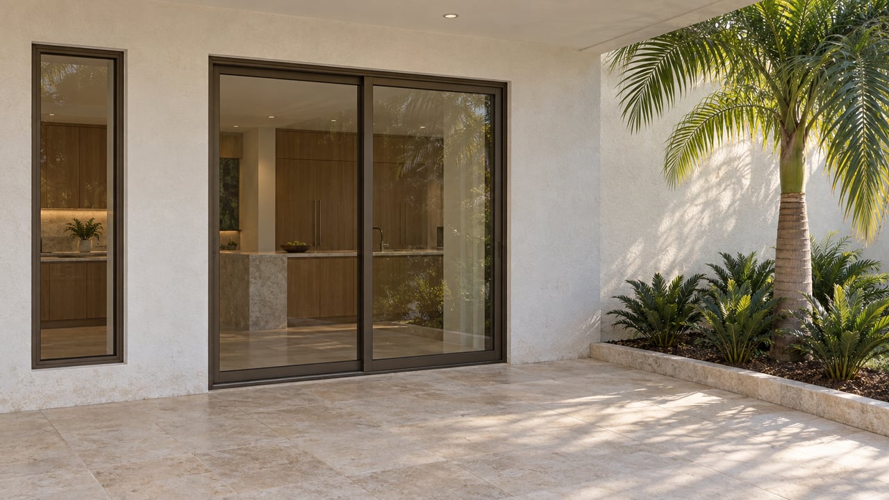 Covered terrace with bronze-framed glass doors, limestone paving, and a palm beside a curbed planting bed.