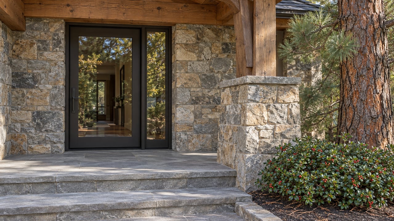 Sunlit stone and timber entry with a bronze glazed door, sandstone steps, and a mature pine beside a low planting bed.