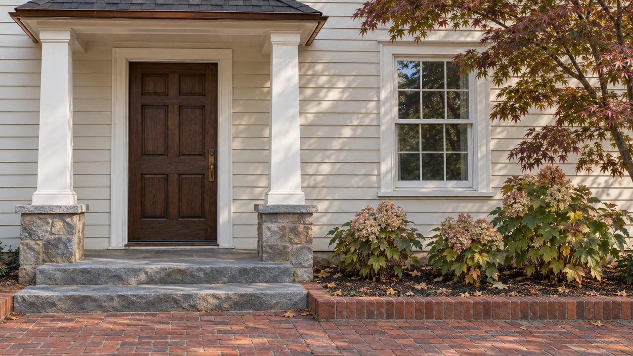 Traditional ivory clapboard home with a dark oak front door, paired porch posts, stone steps, and a brick approach beside autumn planting.