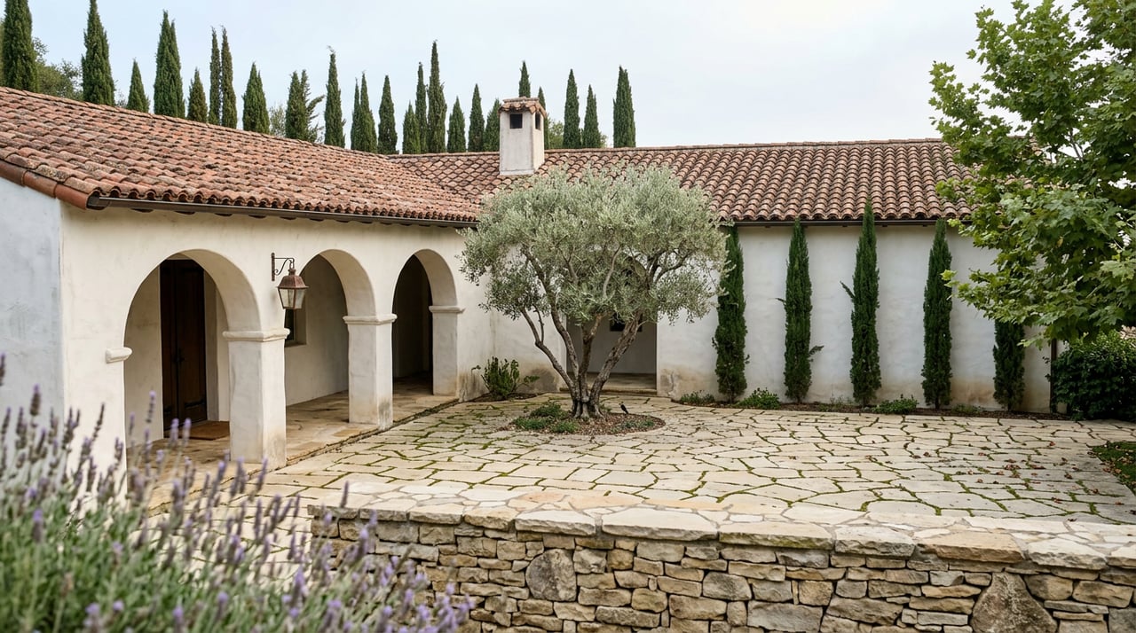 Hacienda courtyard with a gnarled olive tree, three arched loggia openings, and cypress spires behind a lavender-topped stone wall.