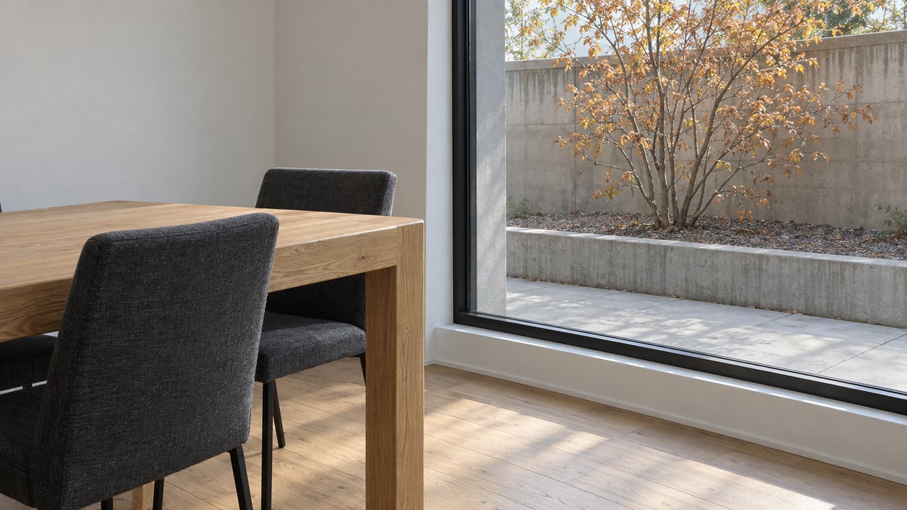 Pale oak dining table and two charcoal chairs beside a black-framed window overlooking a walled garden with an amber-leaved serviceberry.