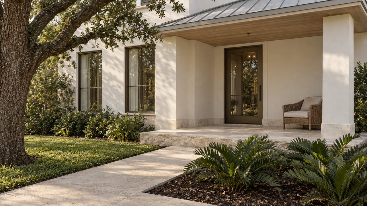 A white contemporary home with a pale wood porch ceiling, limestone steps and a planted front garden beneath an oak.