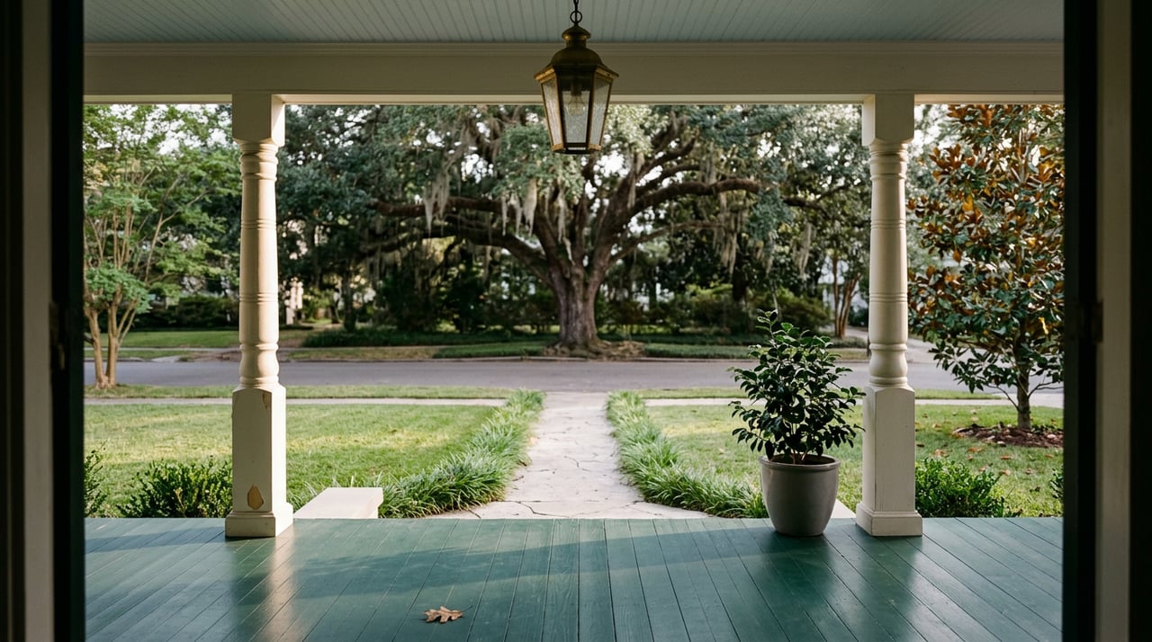 Emerald-painted porch with ivory columns overlooks a limestone walk, lawn, and live oak canopy.