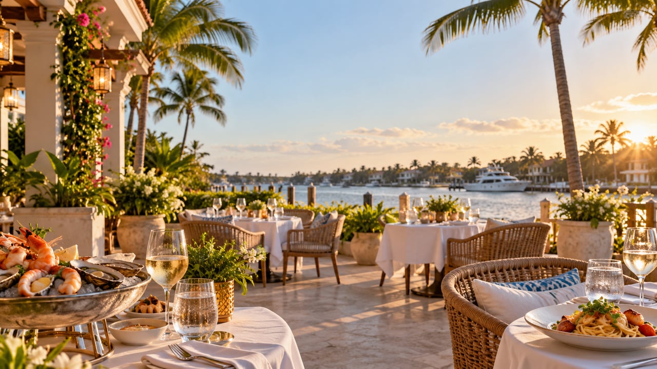 Illustrative South Florida waterfront restaurant terrace with palm trees and outdoor tables in warm daylight.