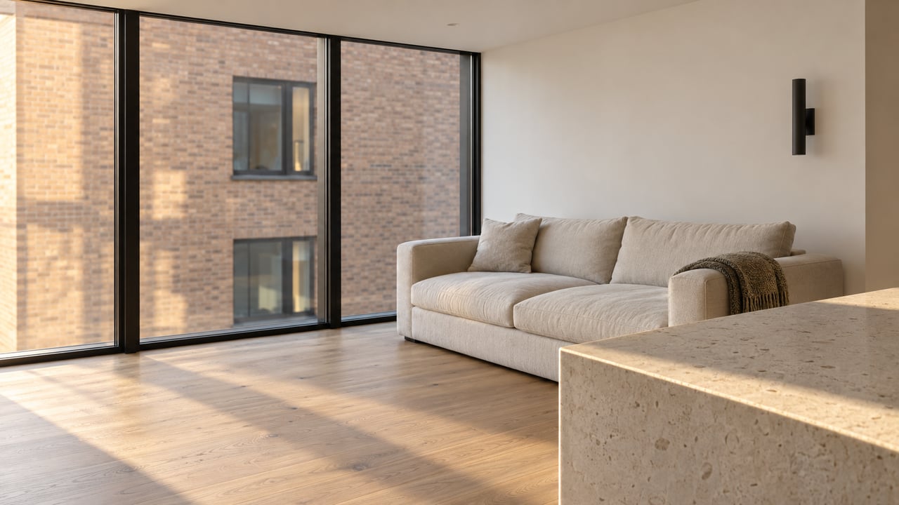 Condominium living room with oatmeal sofa, limestone island, and closed windows facing a nearby brick building.
