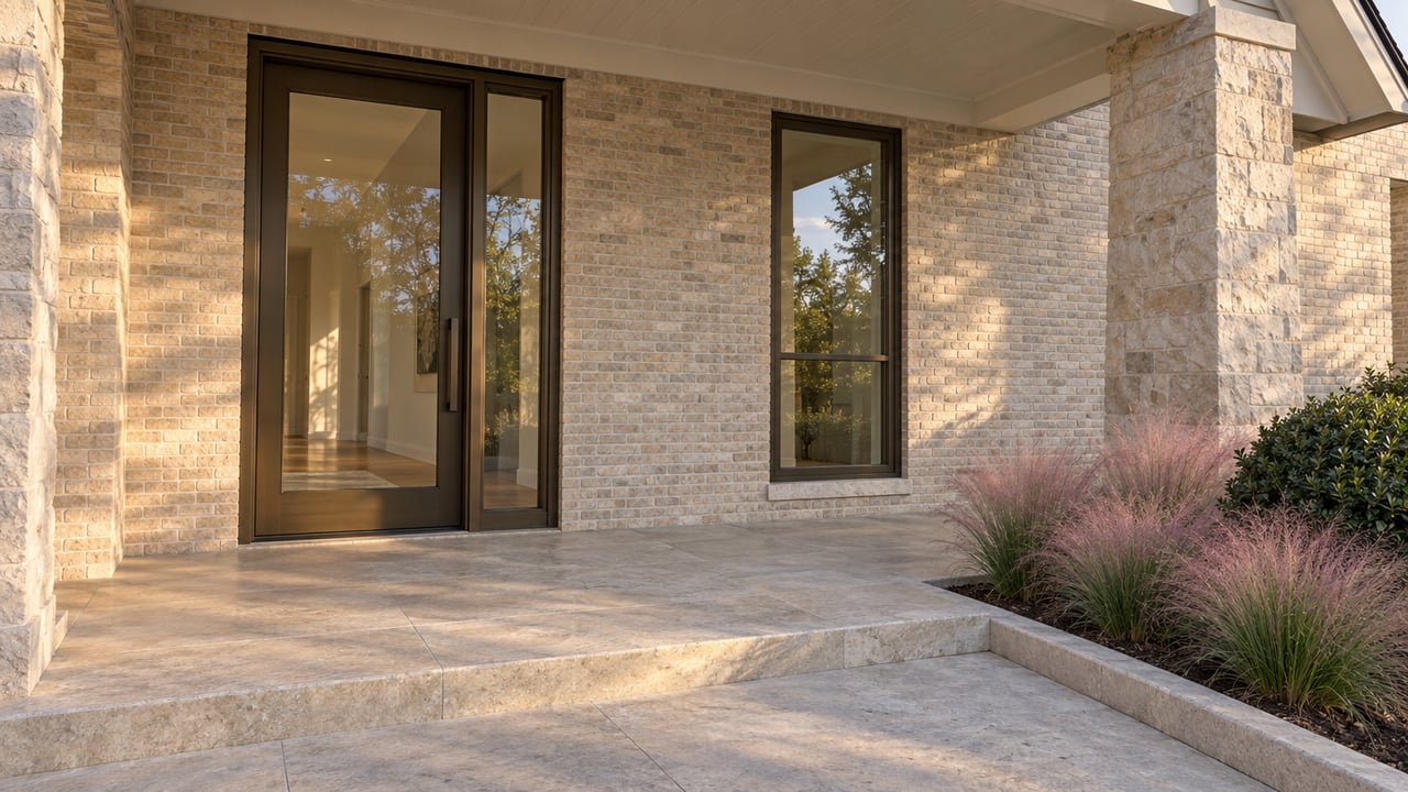 Buff brick house entry with a bronze-framed glass door, limestone landing, and clipped shrubs.