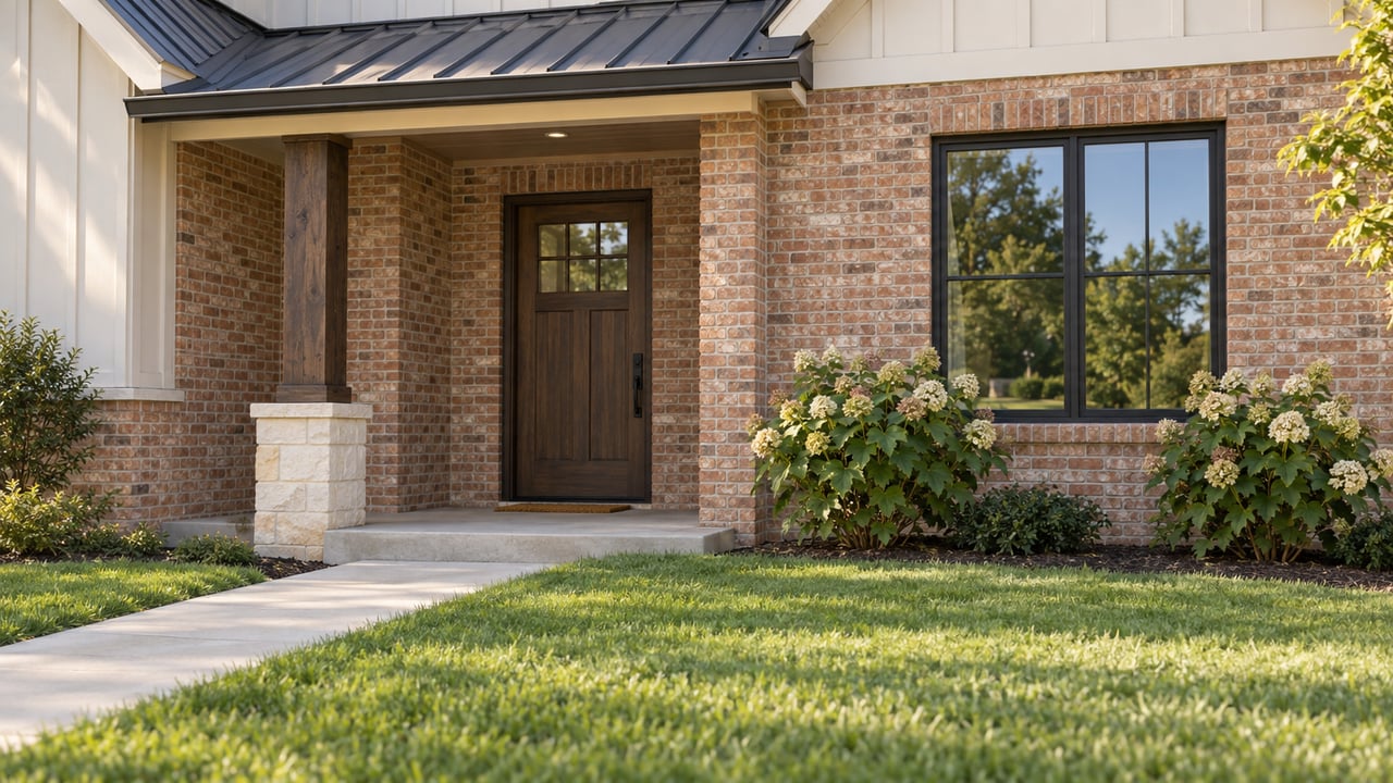 Brick home entry with a stained-wood door, black-framed window, hydrangeas, and a diagonal walkway across the lawn.