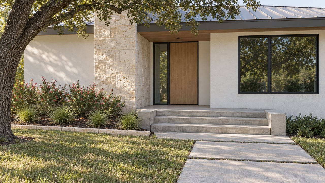 An updated home with white stucco, limestone and dark-framed windows, approached by concrete steps through a garden beneath a mature live oak.